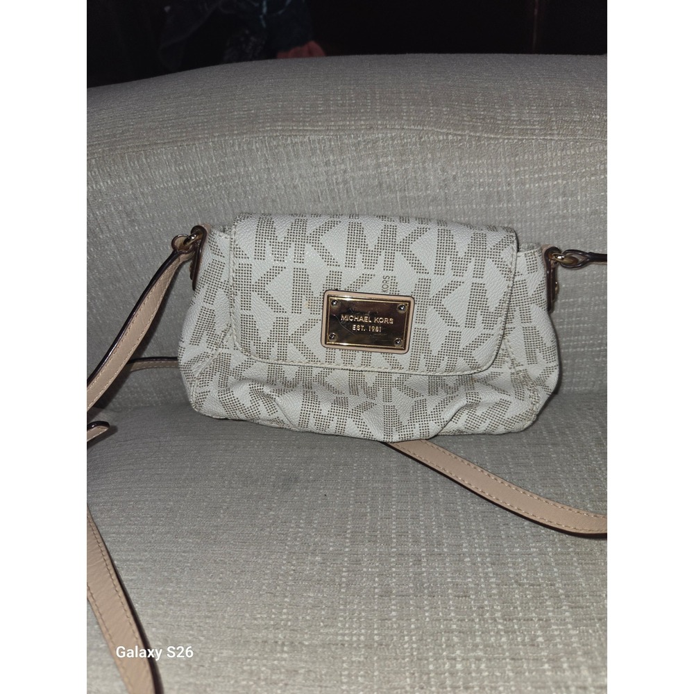 1. Michael Kors MK Signature Monogram Crossbody Bag Cream Tan Gold Hardware
